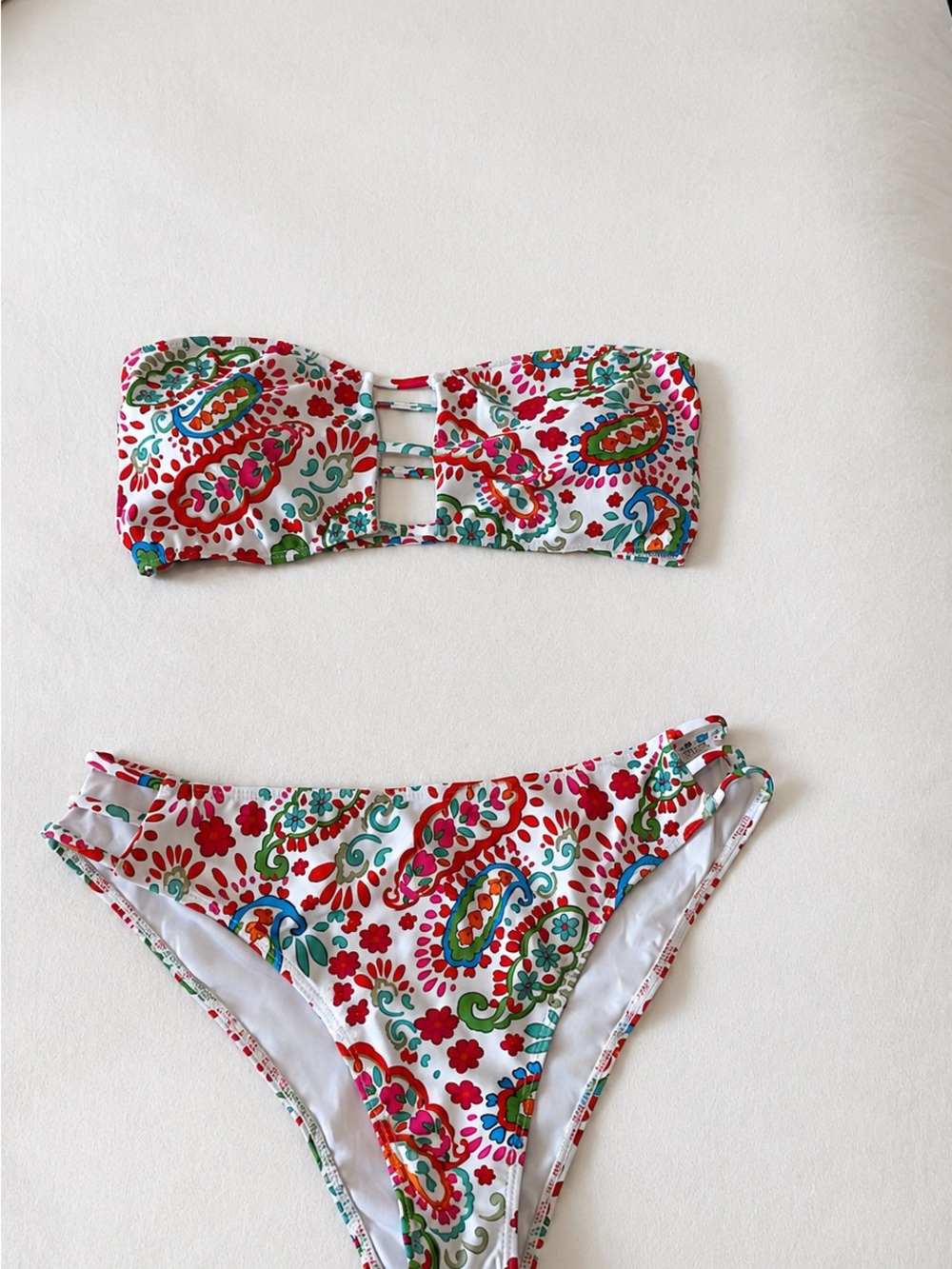 Floral Paisley Strapless Bikini Set - White with Multicolor Print